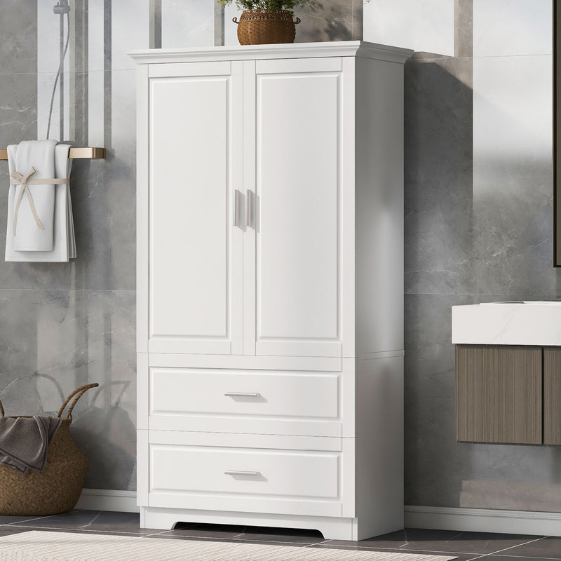 Tall Bathroom Storage Cabinet, Cabinet With Two Doors And Drawers, Adjustable Shelf, MDF Board - White