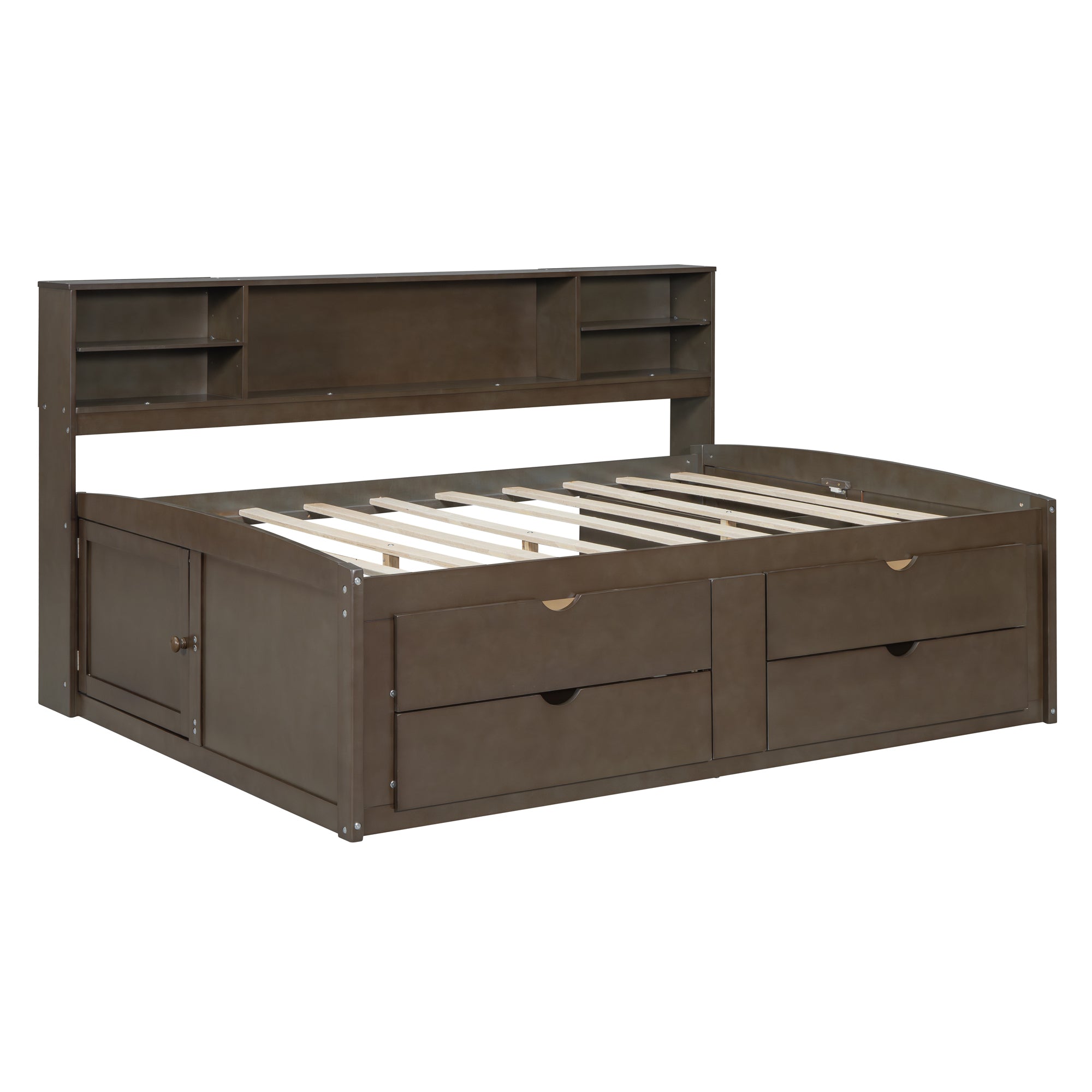 Full Size Wood Daybed with 2 Bedside Cabinets, Upper Shelves and 4 Drawers, Antique Brown - Atlantic Fine Furniture Melbourne FL