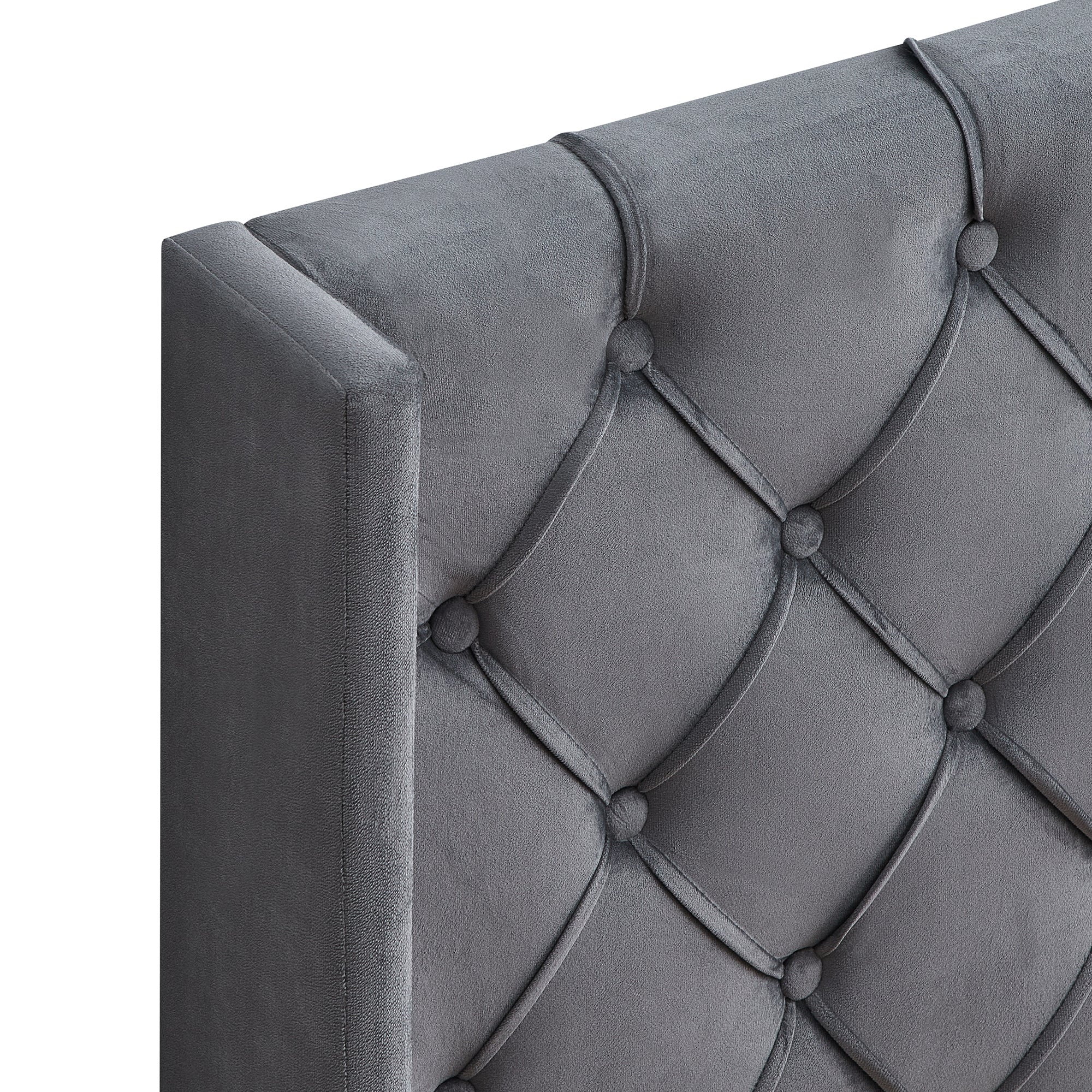 Velvet Button Tufted-Upholstered Bed with Wings Design - Strong Wood Slat Support - Easy Assembly - Gray, Queen, platform bed - Atlantic Fine Furniture Melbourne FL