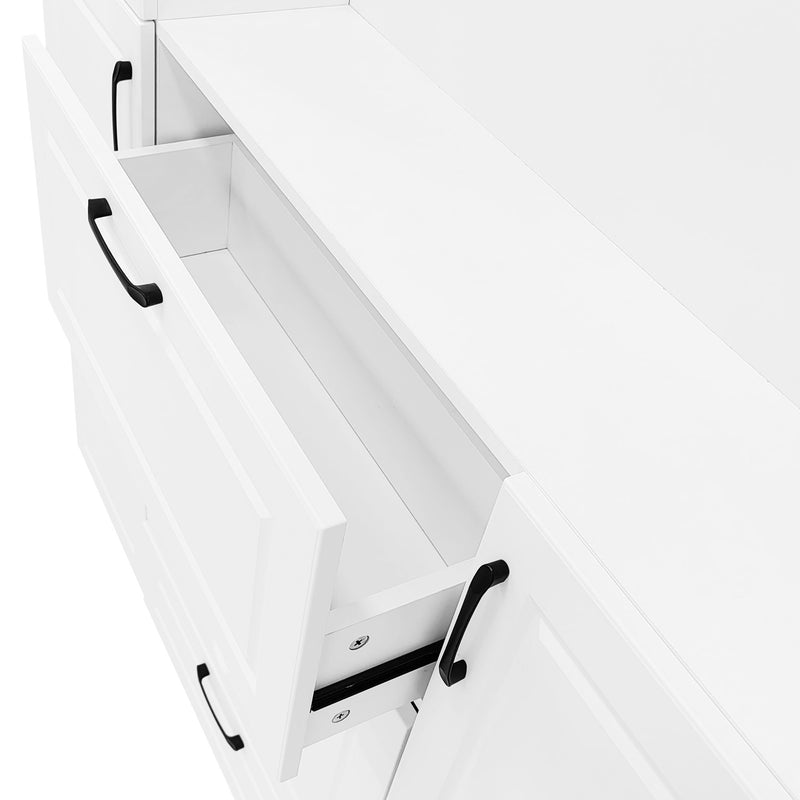 Entryway Bench With Integrated Shoe Cabinet, 3 In 1 Design And Mirrored Cabinet Door, Hall Tree With 4 Sturdy Hooks And Foldable Seat For Entrance, Living Room - White