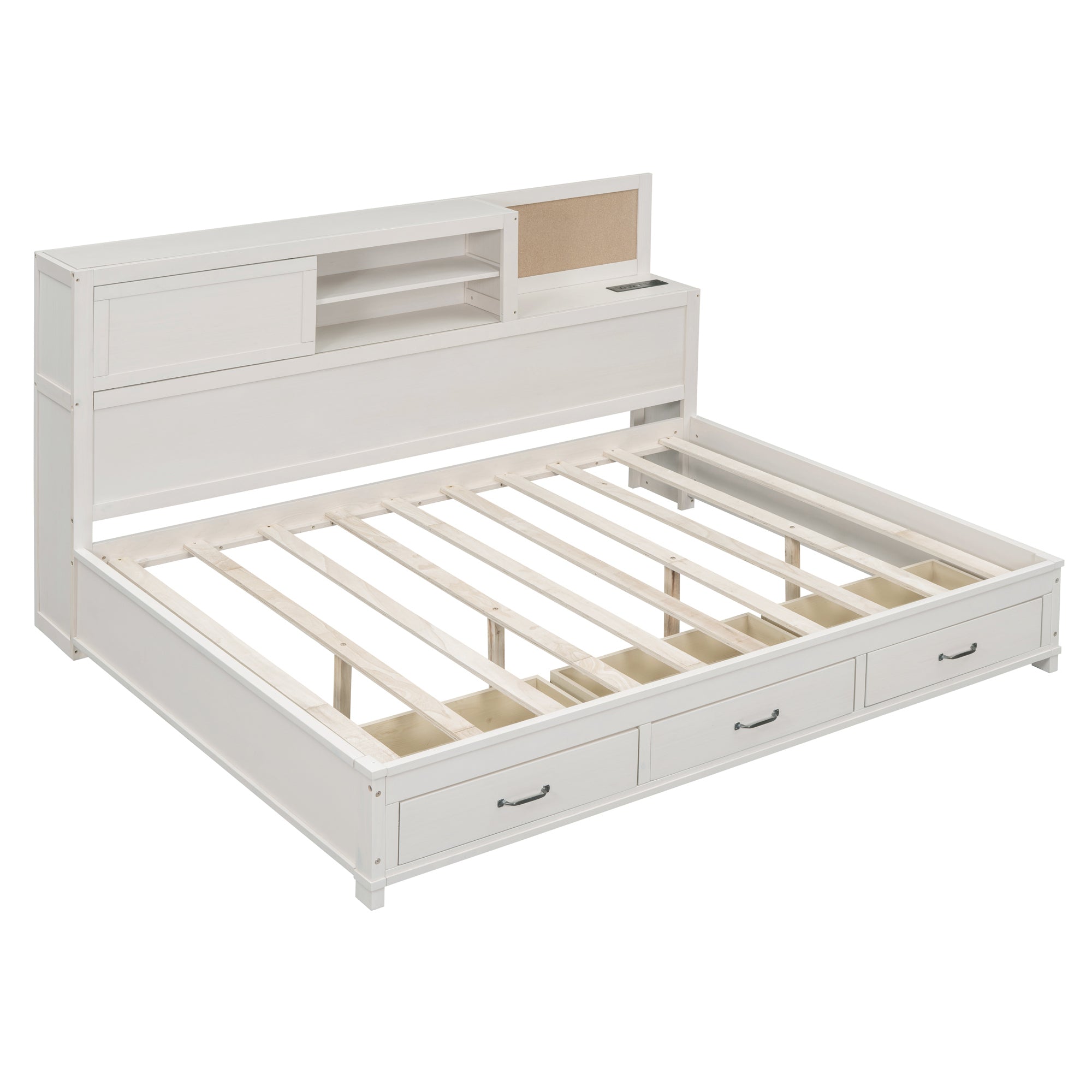 Full Size Wooden Daybed with 3 Storage Drawers, Upper Soft Board, shelf, and a set of Sockets and USB Ports, White - Atlantic Fine Furniture Melbourne FL