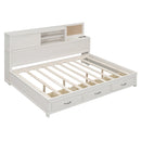 Full Size Wooden Daybed with 3 Storage Drawers, Upper Soft Board, shelf, and a set of Sockets and USB Ports, White