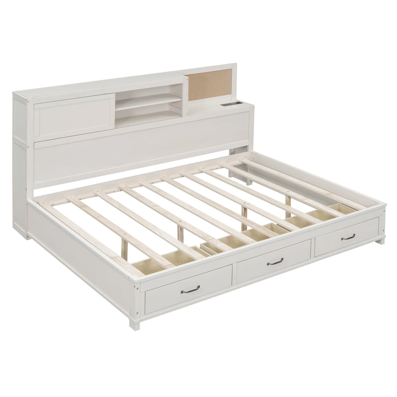 Full Size Wooden Daybed with 3 Storage Drawers, Upper Soft Board, shelf, and a set of Sockets and USB Ports, White