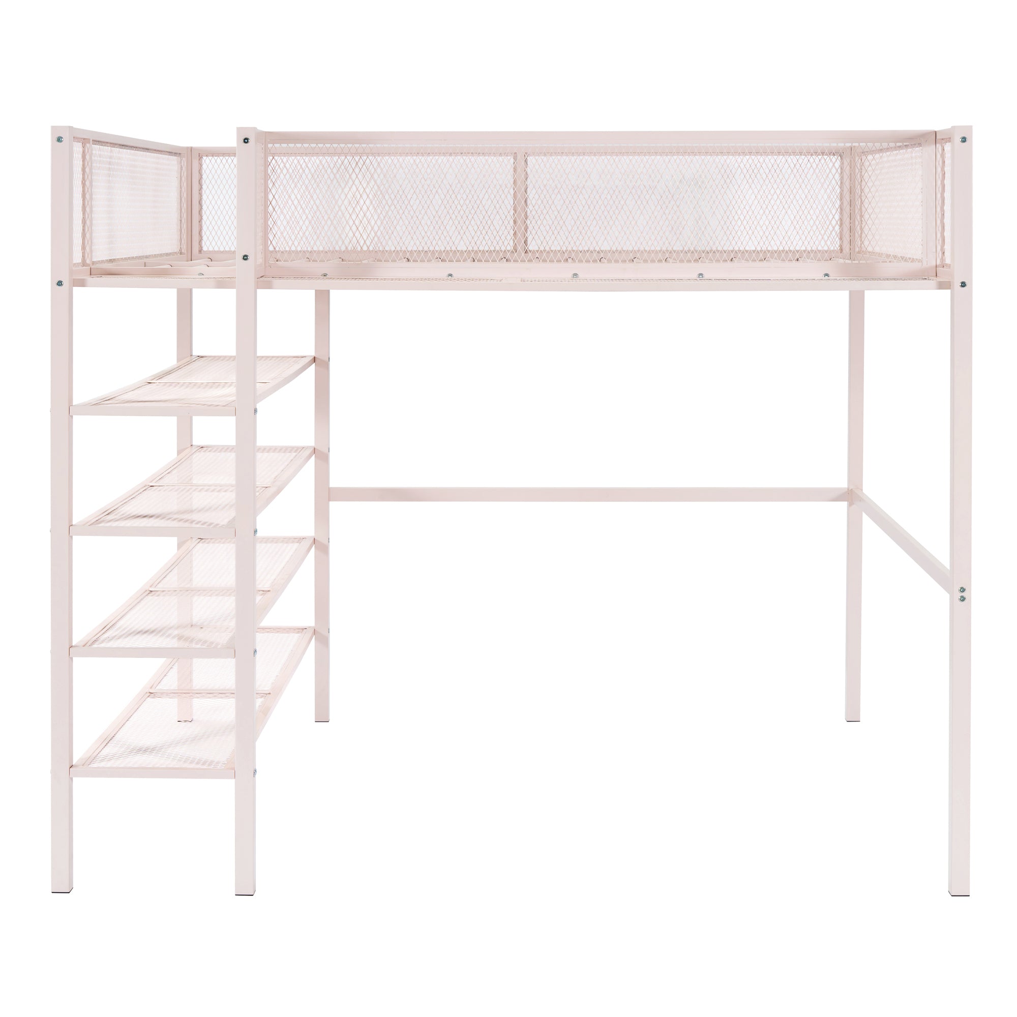 Full Size Metal Loft Bed with 4-Tier Shelves and Storage, Pink - Atlantic Fine Furniture Melbourne FL