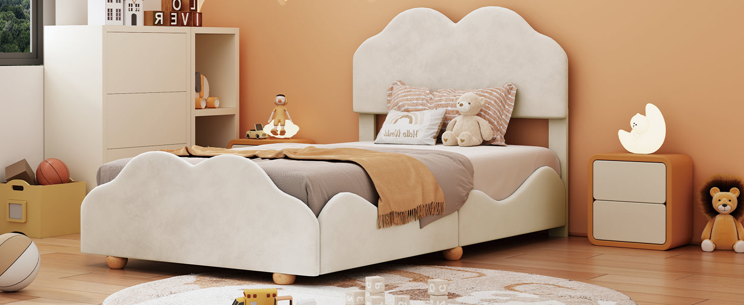 Twin Size Upholstered Platform Bed with Cloud Shaped bed board, Beige - Atlantic Fine Furniture Melbourne FL