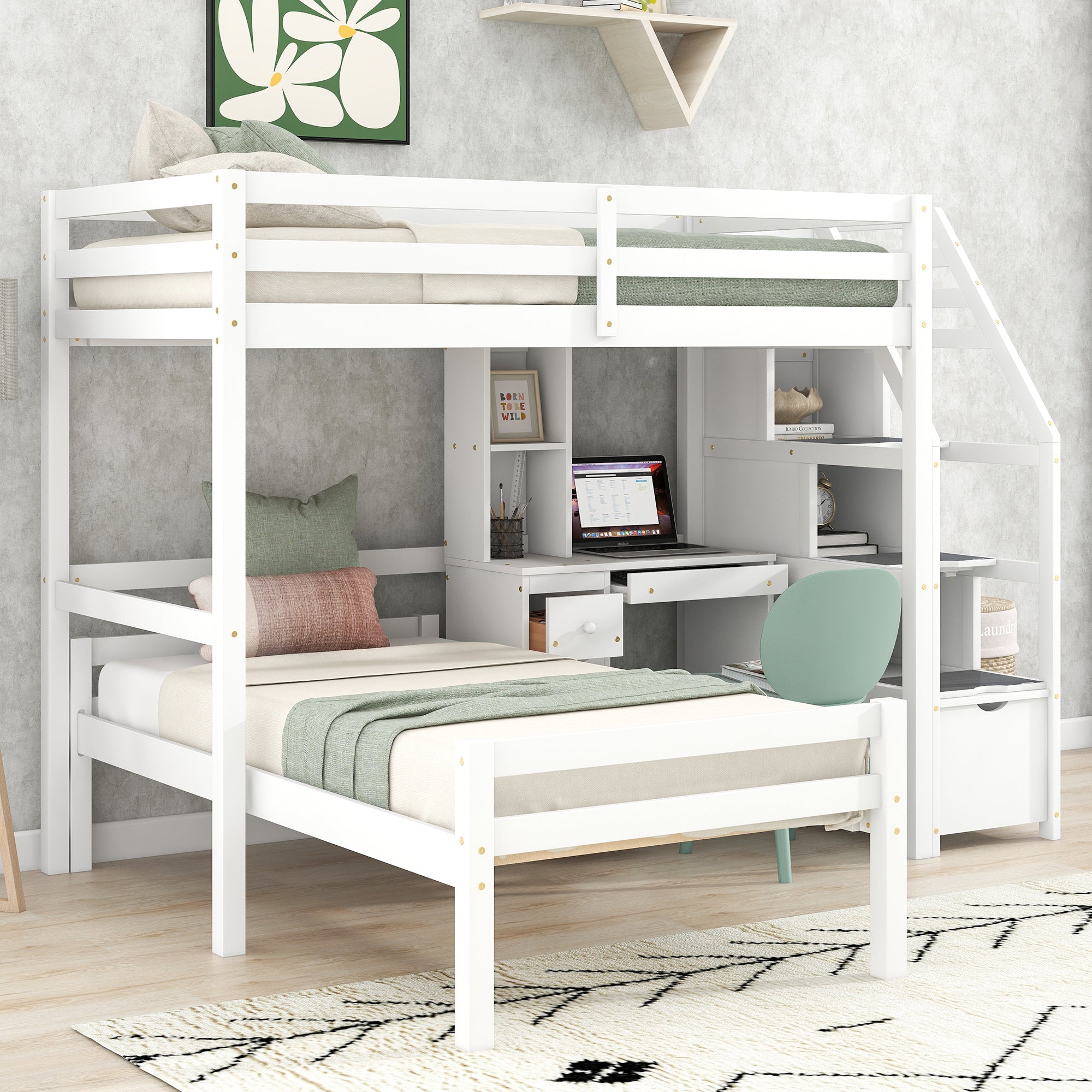 Twin Size Loft Bed with a Stand-alone Bed, Storage Staircase, Desk, Shelves and Drawers, White - Atlantic Fine Furniture Melbourne FL