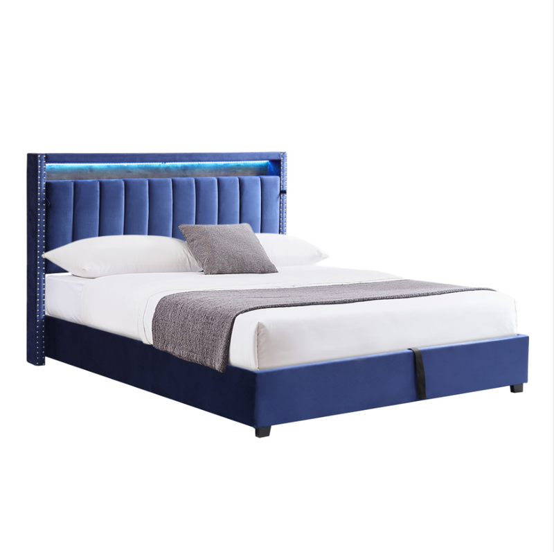 Luxury Gas Lift Storage Bed with RF LED Lights, Storage Headboard ,King Size ,Velvet Blue