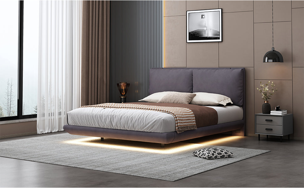 Queen Size Upholstered Platform Bed with Sensor Light and 2 Large Backrests, Stylish Platform Bed with 2 sets of USB Port and Socket on each rear Bed Leg, Gray - Atlantic Fine Furniture Melbourne FL
