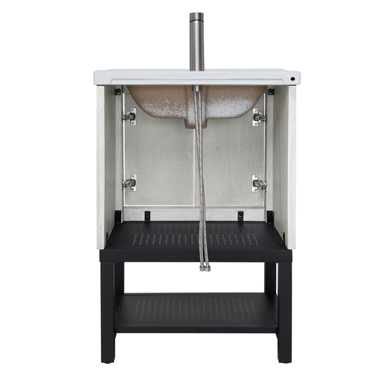 Modern Freestanding Bathroom Vanity With Ceramic Sink, Hot And Cold Faucet, Storage Cabinet & Open Shelf