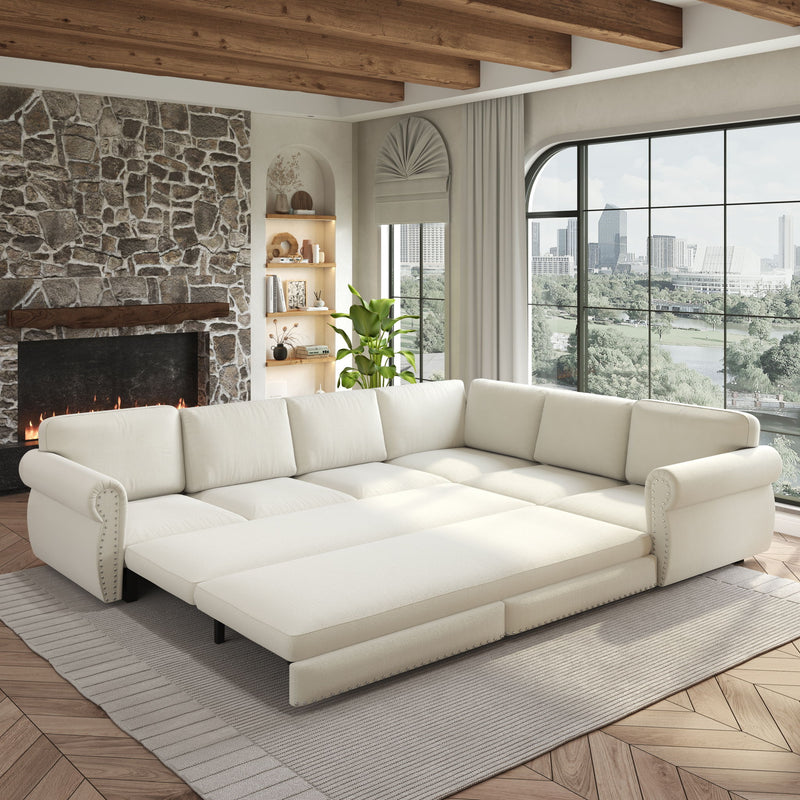L-Shaped Sofa Couch With Pull Out Bed With Nailhead Trim & Rolled Arm, Sectional Couches, For Living Room - Beige