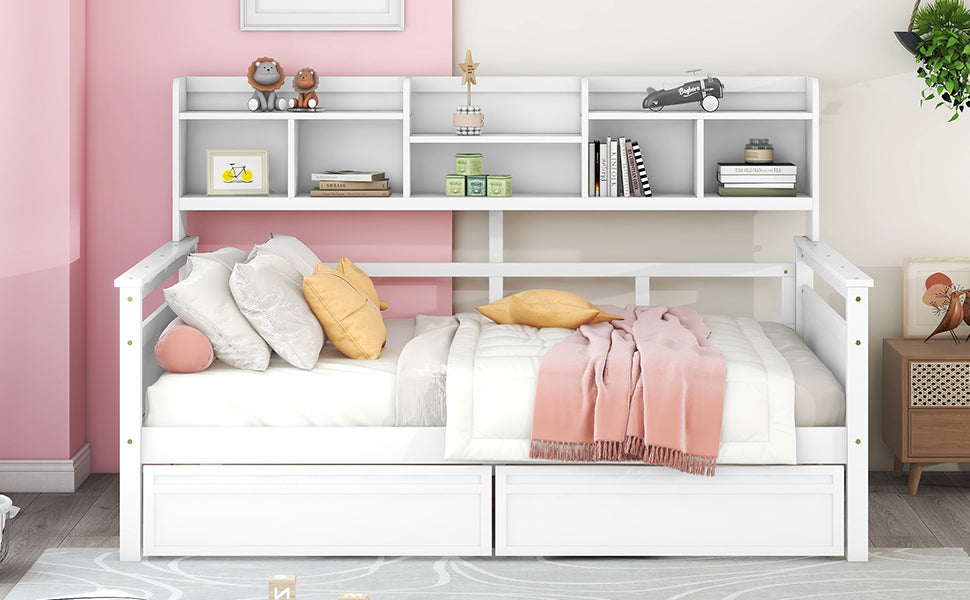 Full size Daybed, Wood Slat Support, with Bedside Shelf and Two Drawers, White - Atlantic Fine Furniture Melbourne FL