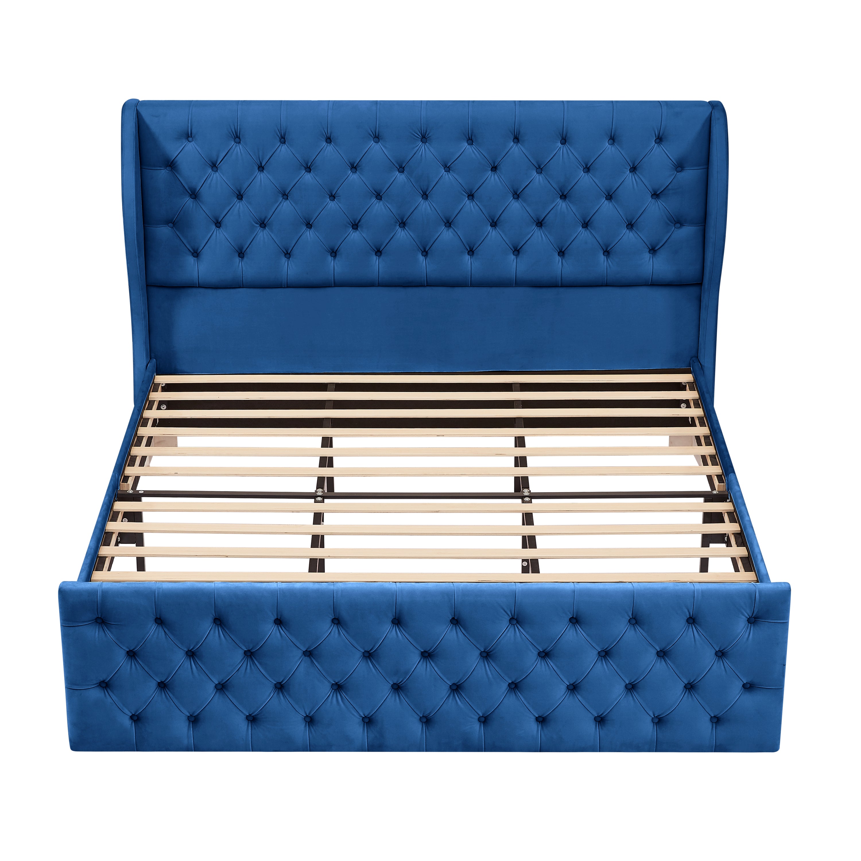 King Size Platform Bed Frame, Velvet Upholstered Sleigh Bed with Scroll Wingback Headboard & Footboard/Button Tufted/No Box Spring Required/Easy Assembly/Blue