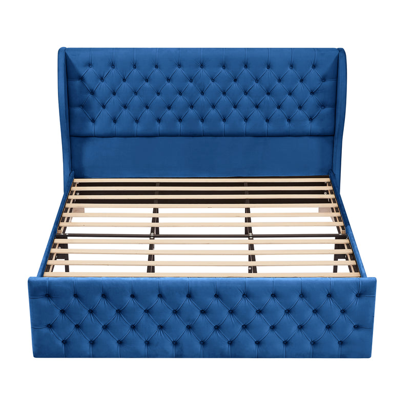King Size Platform Bed Frame, Velvet Upholstered Sleigh Bed with Scroll Wingback Headboard & Footboard/Button Tufted/No Box Spring Required/Easy Assembly/Blue