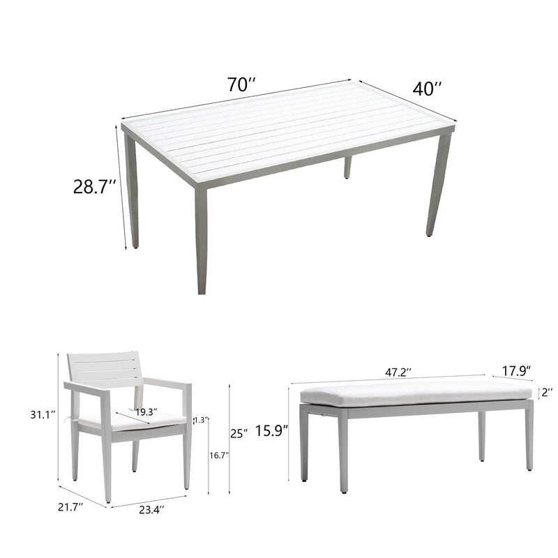 6 Piece Dining Set Modern Outdoor Patio Furniture, Including 4 Dining Chairs & 1 Dining Bench Sunbrella Fabric Cushioned And Two-Tone Rectangle Table With Umbrella Hole - Matte White / Grayish