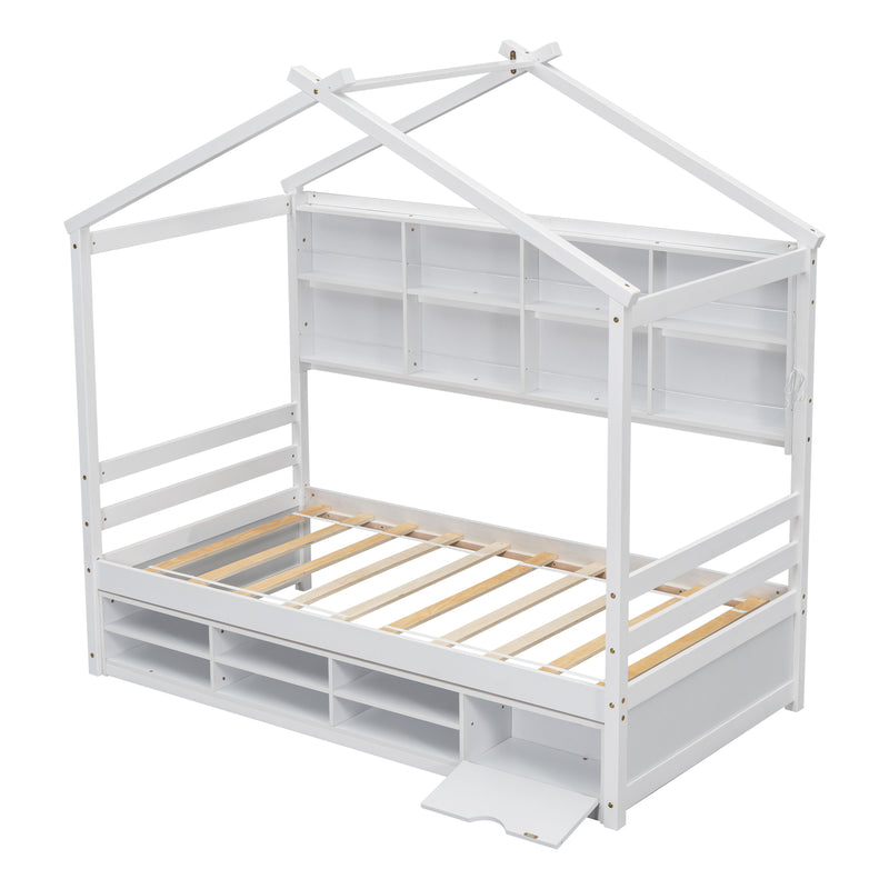 Twin House Bed with Roof Frame, Bedside-shelves, Under Bed Storage Unit,White