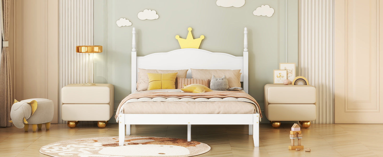 Full Size Wood Platform Bed with Crown Shaped Headboard, White - Atlantic Fine Furniture Melbourne FL