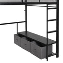 Full Size Gaming Loft Bed With LED Desk, Open Wardrobe, 3 Linen Storage Drawers - Black