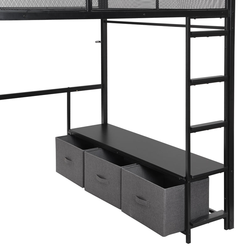Full Size Gaming Loft Bed With LED Desk, Open Wardrobe, 3 Linen Storage Drawers - Black