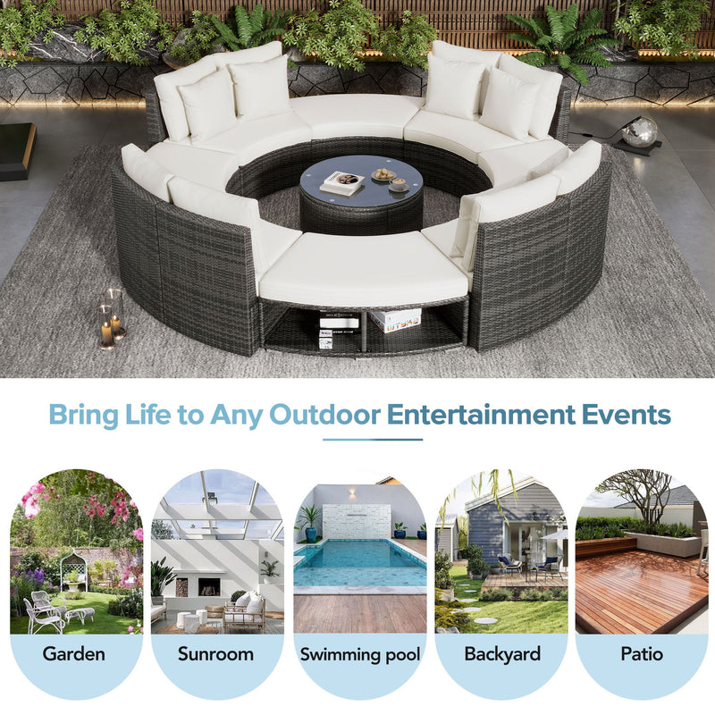 Outdoor Patio Furniture Luxury Circular Sofa Set Rattan Wicker Sectional Sofa Lounge Set With Tempered Glass Coffee Table, 6 Pillows