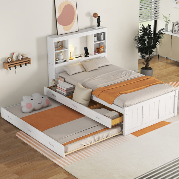 Twin Size Platform Bed with Storage Headboard, Charging Station, Twin Size Trundle and 3 Drawers, Antique White