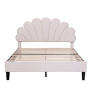 Full Size Upholstered Platform Bed with Flower Pattern Velvet Headboard, Beige