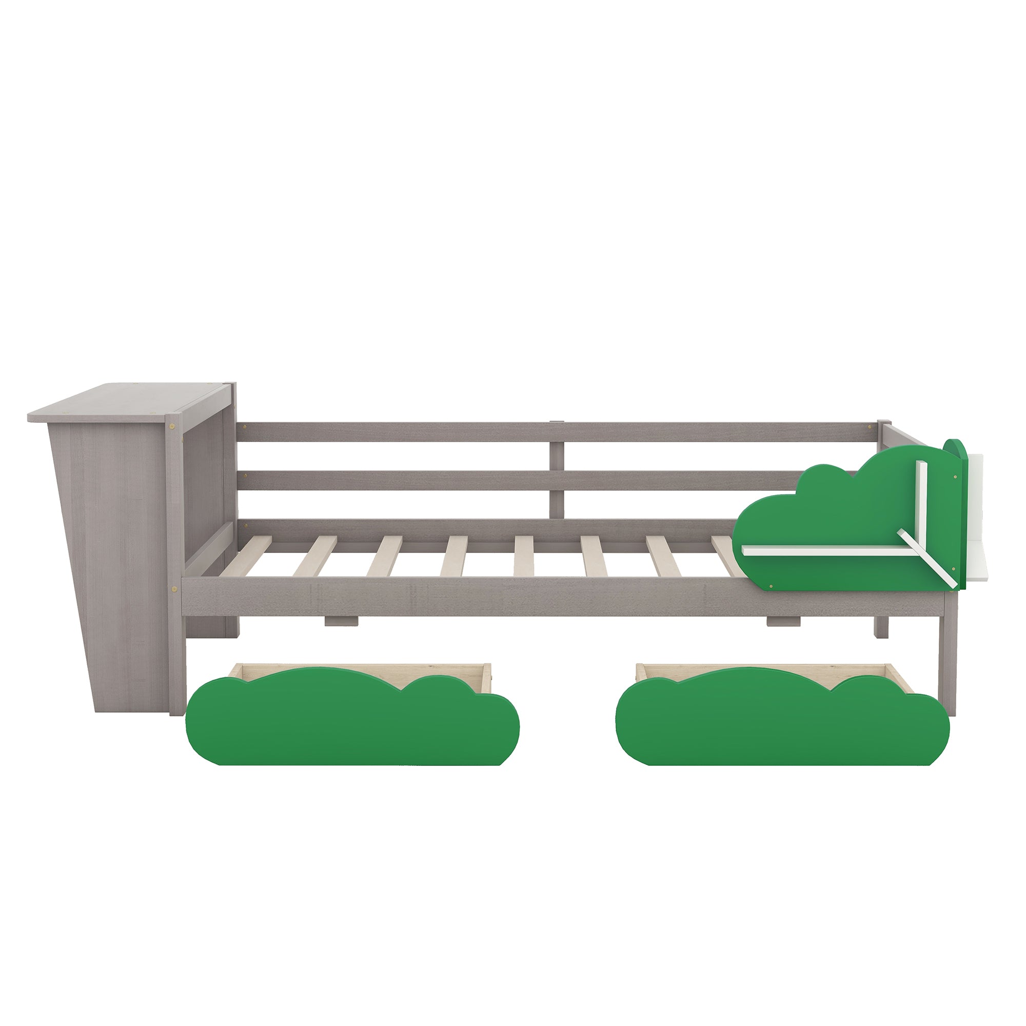Twin Size Daybed with Desk, Green Leaf Shape Drawers and Shelves, Gray - Atlantic Fine Furniture Melbourne FL