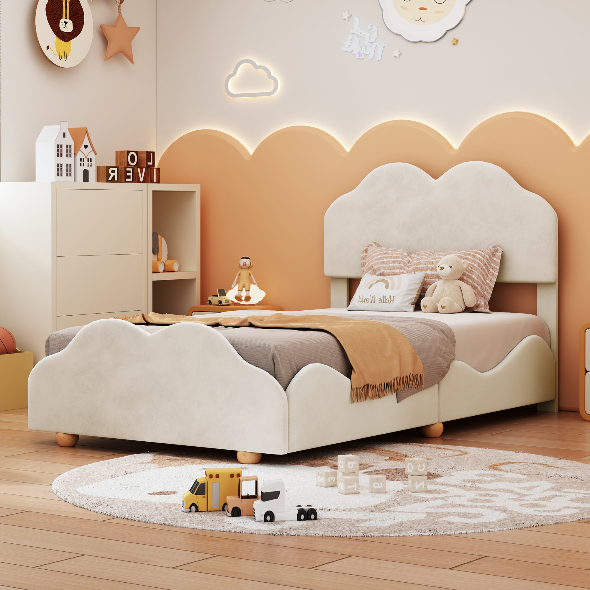 Twin Size Upholstered Platform Bed with Cloud Shaped bed board, Beige - Atlantic Fine Furniture Melbourne FL