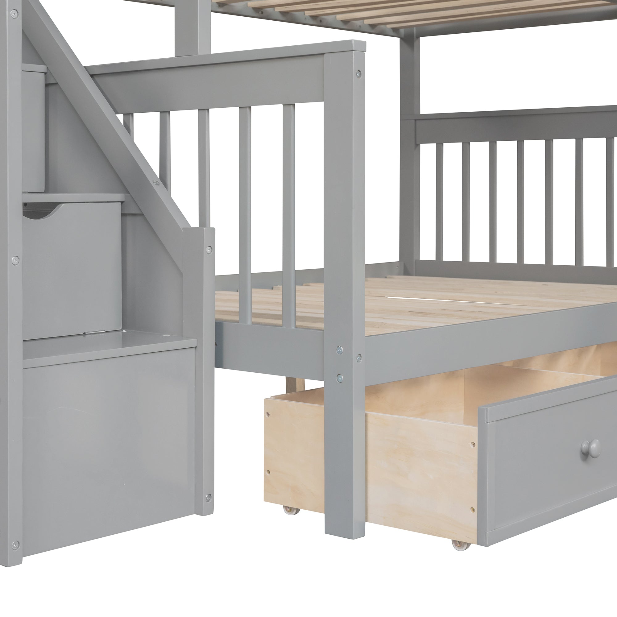 Twin over Full L-Shaped Bunk Bed With 3 Drawers, Ladder and Staircase - Gray - Atlantic Fine Furniture Melbourne FL