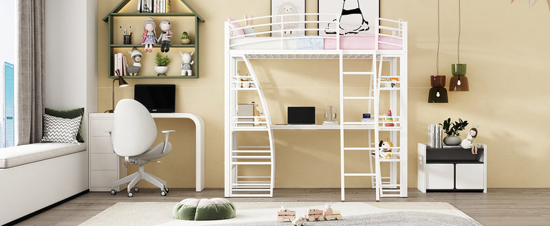 Twin Size Loft Bed with 4 Layers of Shelves and L-shaped Desk, Stylish Metal Frame Bed with a set of Sockets, USB Ports and and Wireless Charging, White
