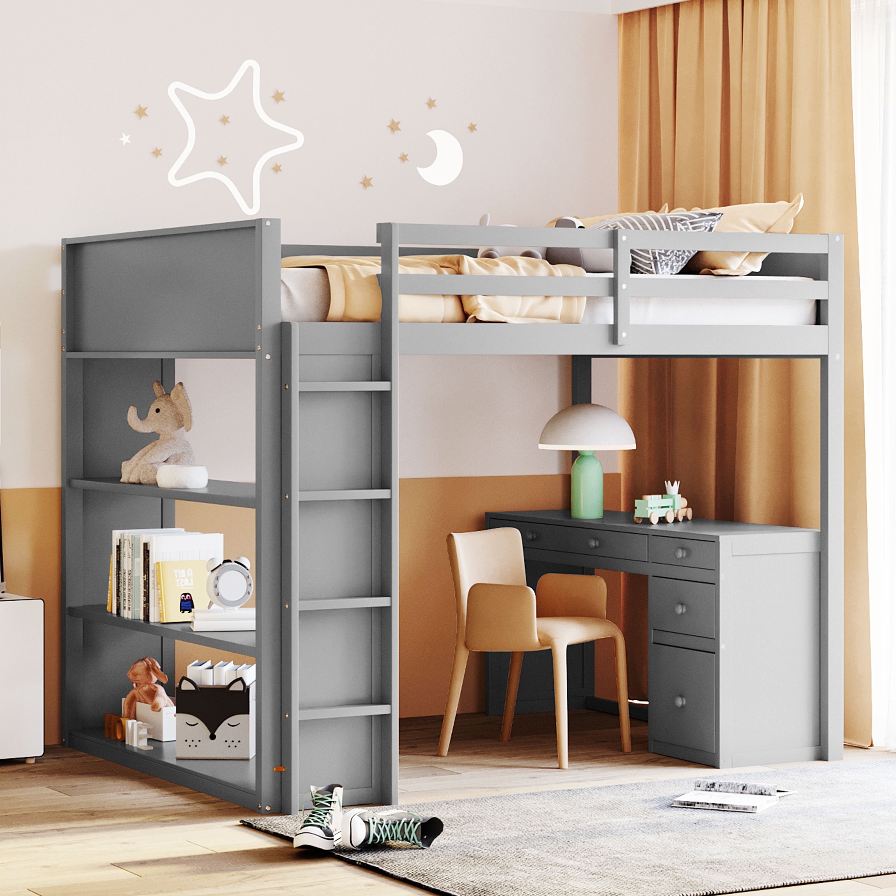 Full Size Loft Bed with Ladder, Shelves, and Desk, Gray - Atlantic Fine Furniture Melbourne FL