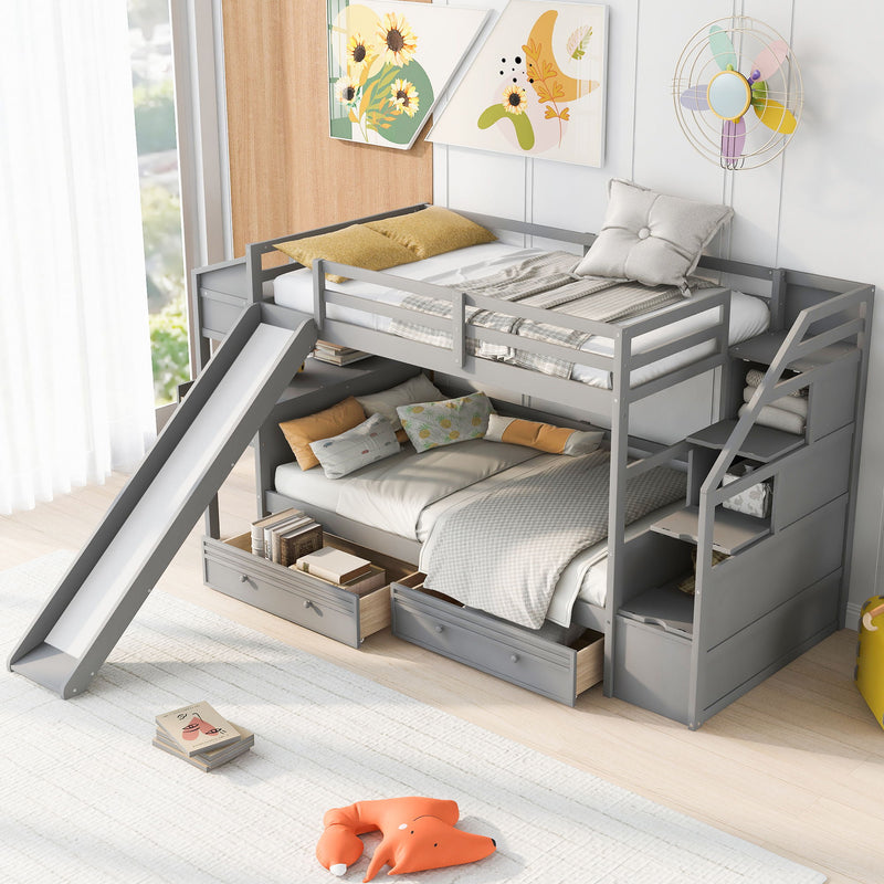 Bunk Bed With Storage Staircase, Slide, Desk, Drawers, And Shelves