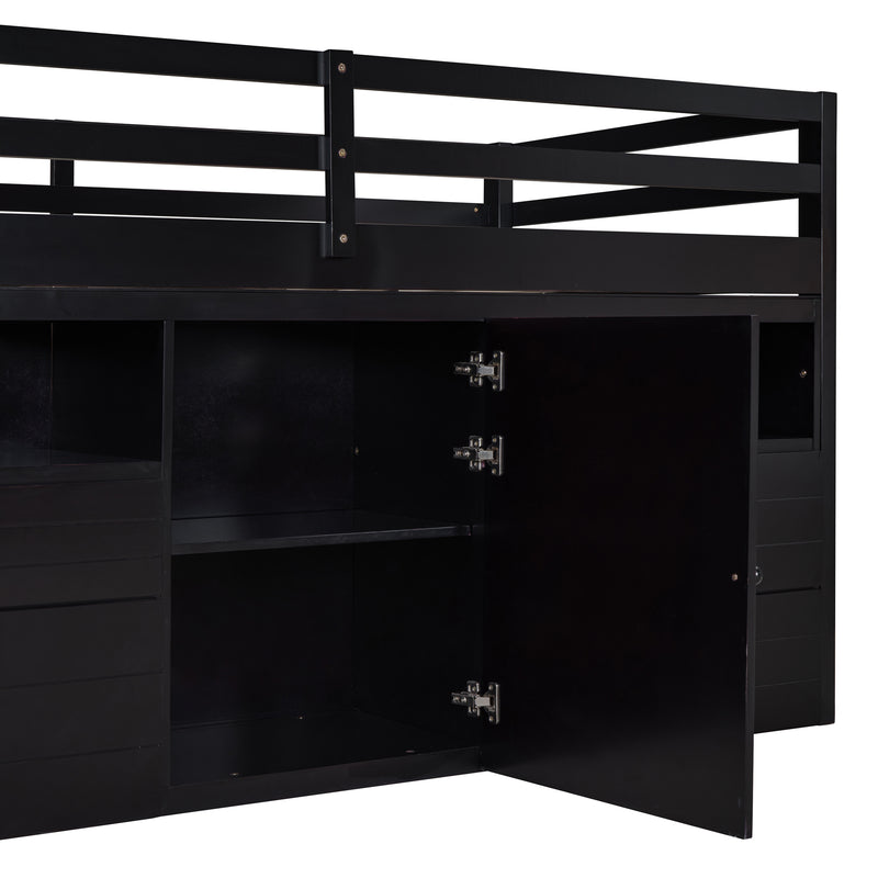 Twin Size Loft Bed with 4 Drawers, Underneath Cabinet and Shelves, Espresso