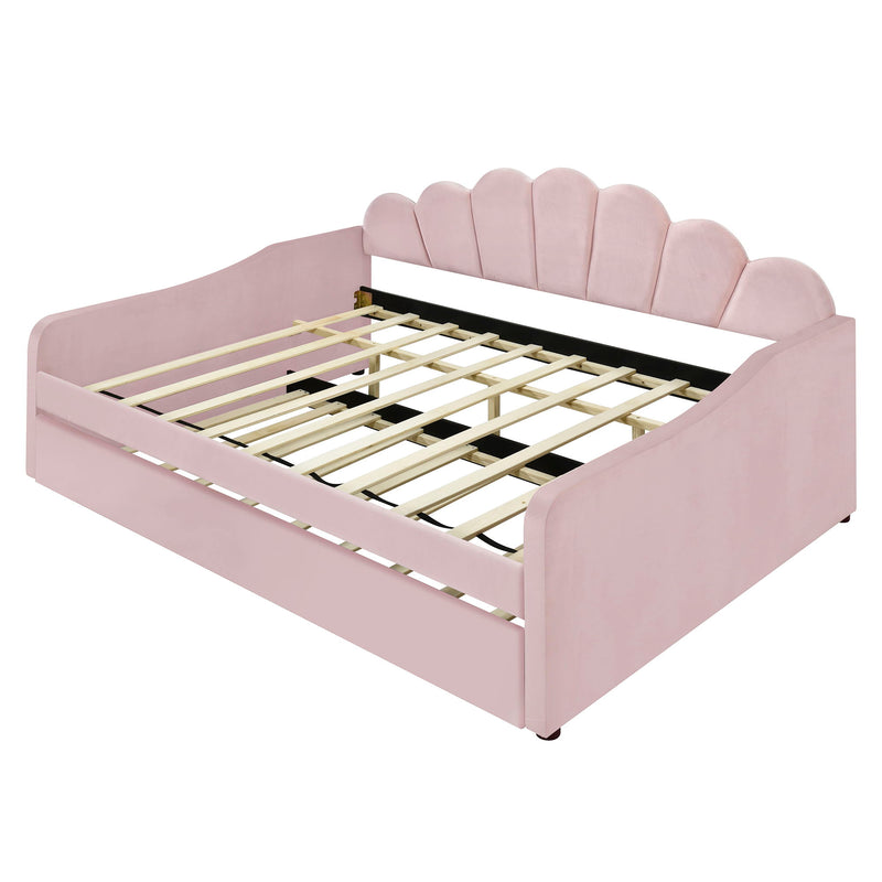 Upholstery Daybed Frame With Shell Shaped Backrest And Trundle