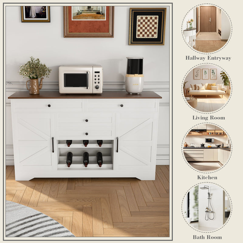 Rustic Farmhouse Kitchen Island With Storage Cabinet, Wood Top Breakfast Bar - White