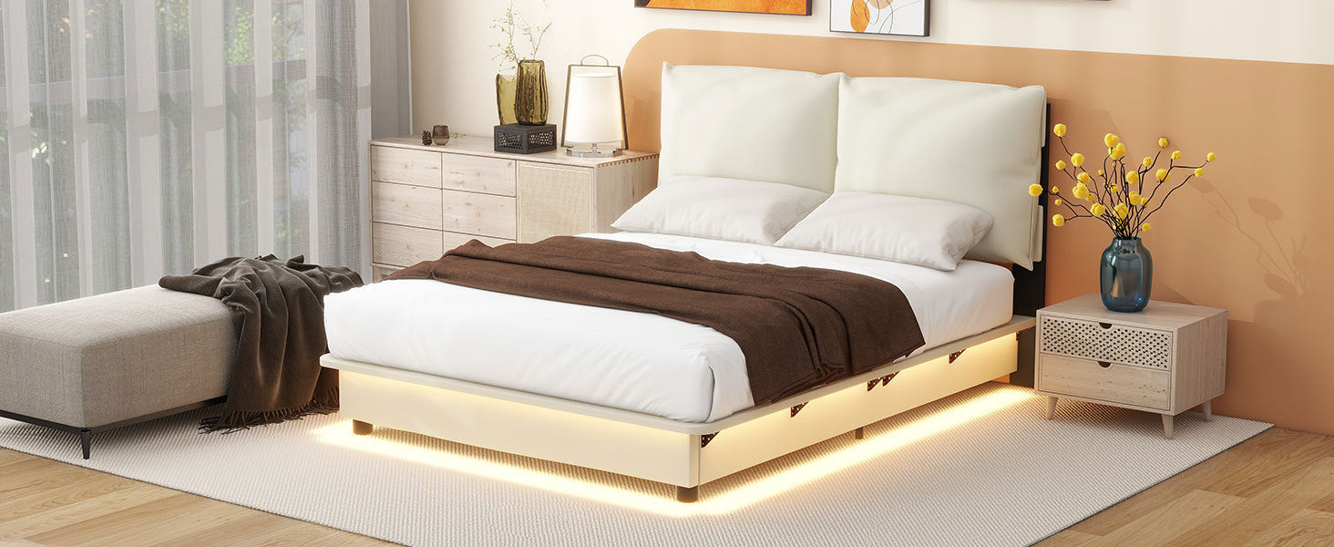 Full Size Upholstered Platform Bed with Sensor Light and Ergonomic Design Backrests, White - Atlantic Fine Furniture Melbourne FL