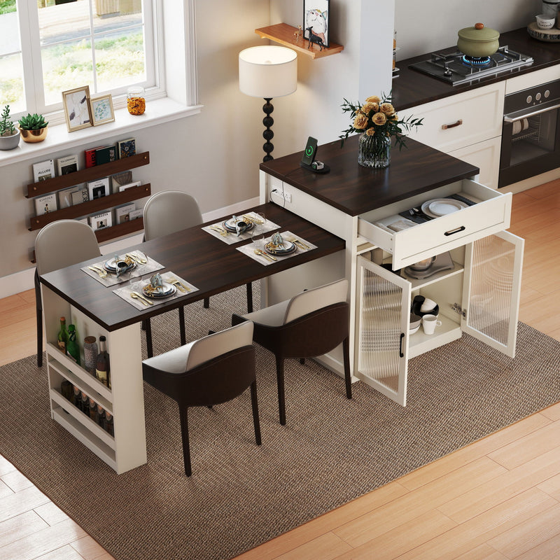 Extendable Kitchen Island With Slide Out Table And Storage Racks For 2 - 6 Person, Power Outlet, Bar, Prep Station - Creamy White / Walnut