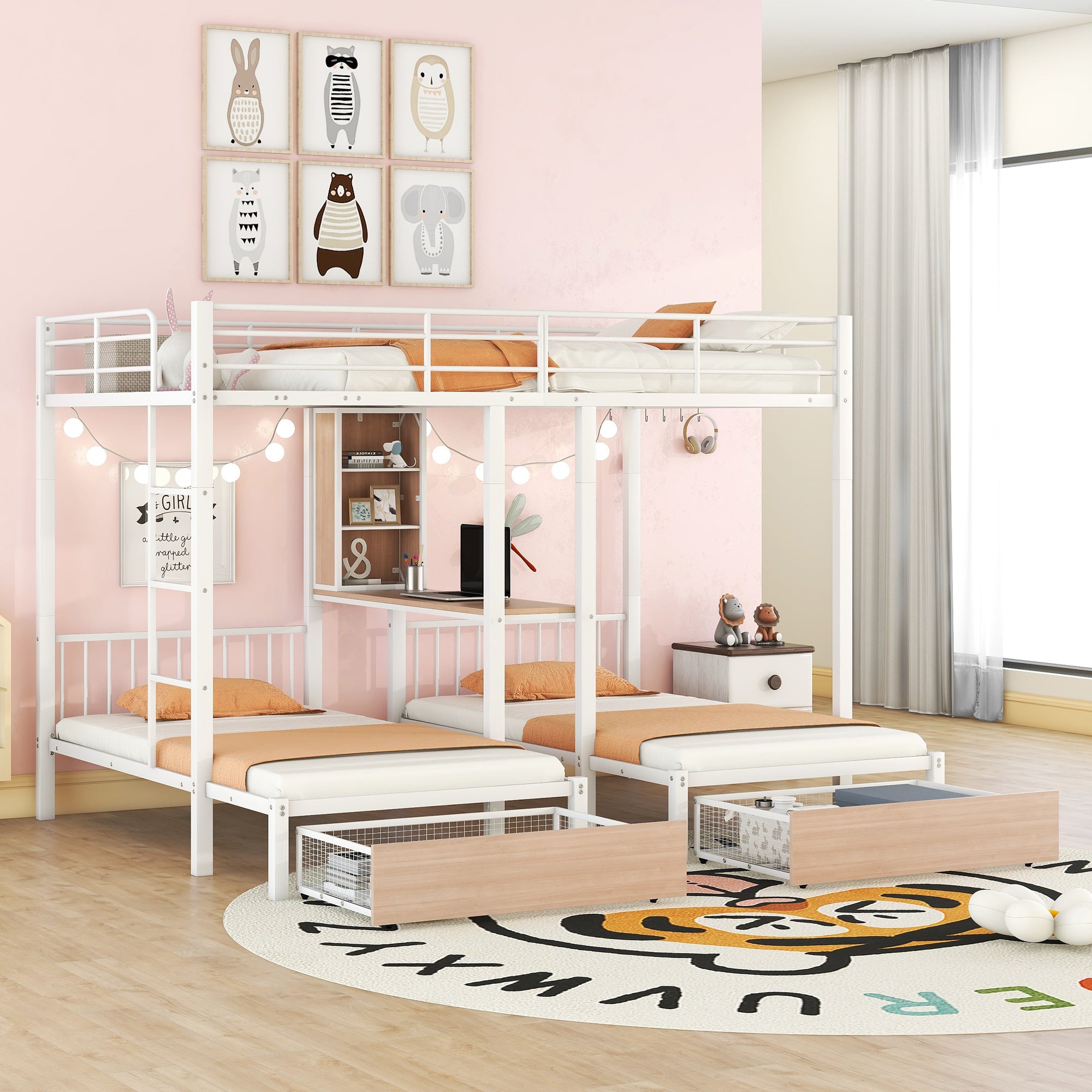 Full Over Twin & Twin Triple Bunk Bed with Drawers, Multi-functional Metal Frame Bed with desks and shelves in the middle, White - Atlantic Fine Furniture Melbourne FL