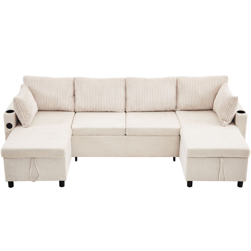 Sectional Sofa Bed With Pull Out Sleeper, USB Ports, Cup Holders