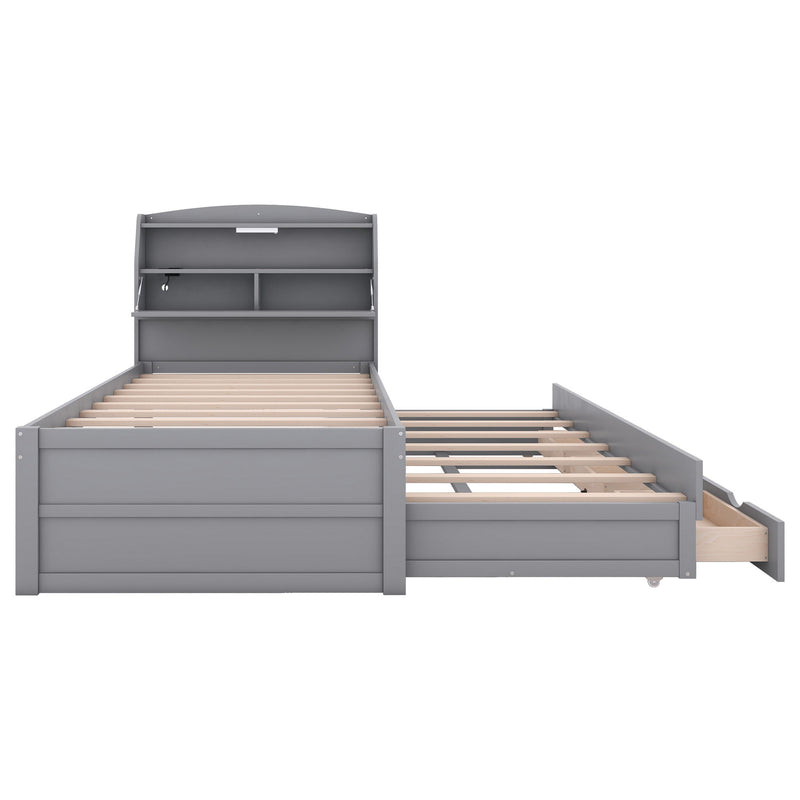 Wooden LED Platform Bed With Trundle, With Storage Headboard, With Drawers