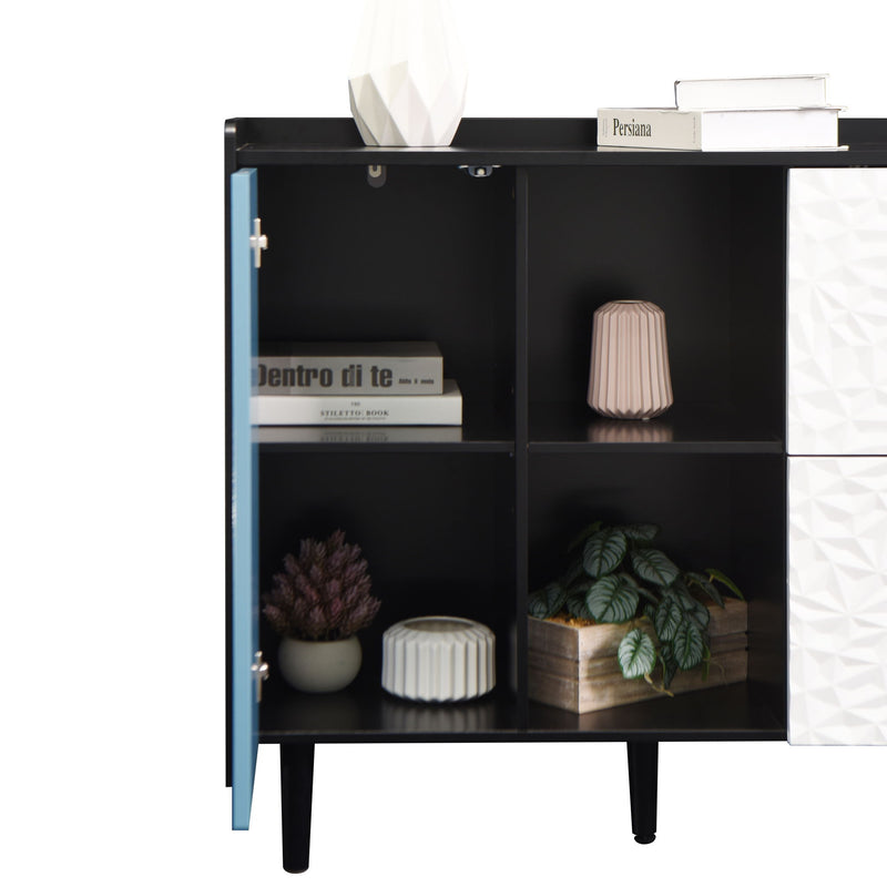 Modern Sideboard Buffet Cabinet With Red Doors And Unique Panel Styling