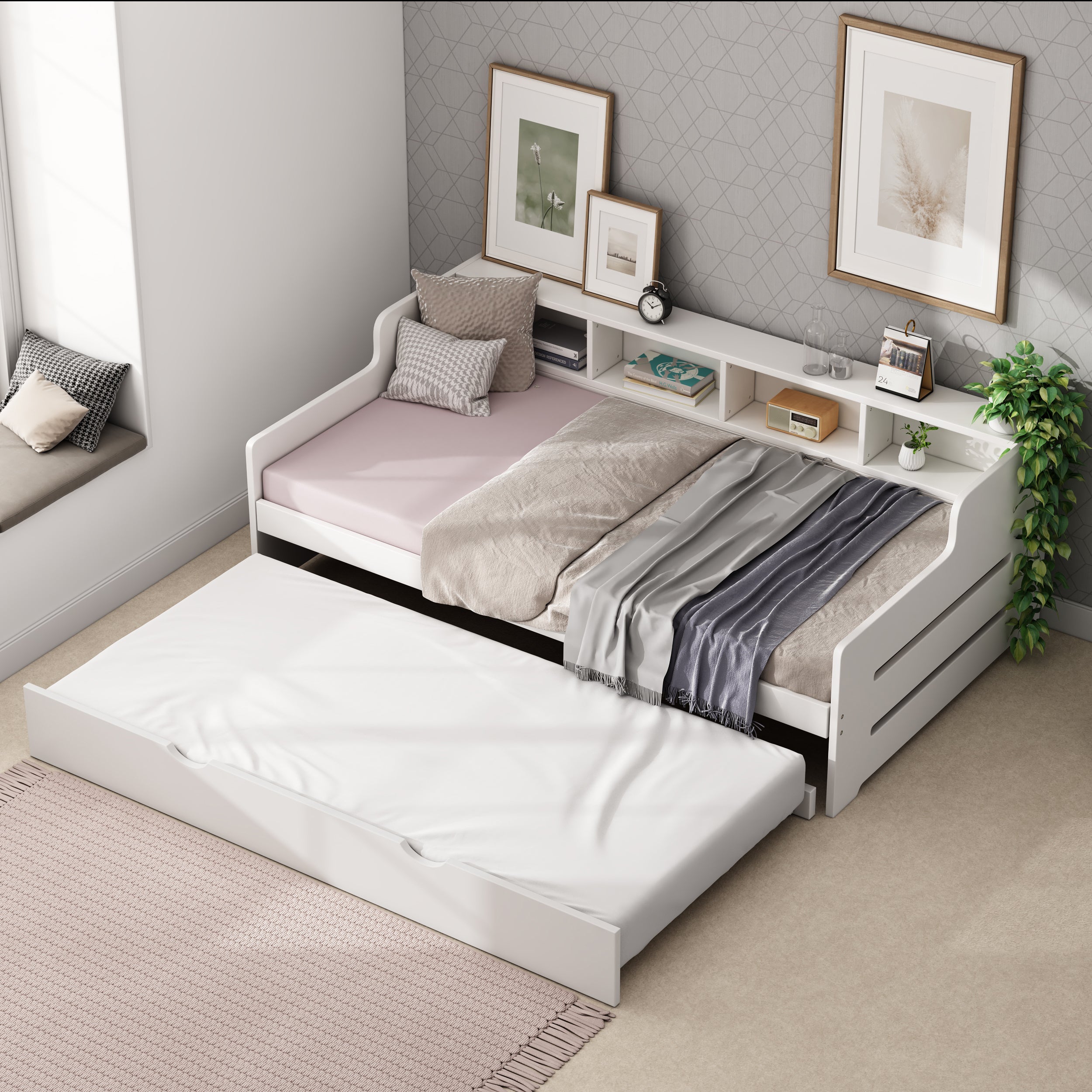 Twin Size Wooden Day Bed with Trundle for Guest Room, Small Bedroom, Study Room, White - Atlantic Fine Furniture Melbourne FL