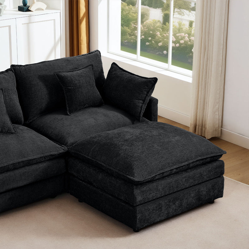 Modular L-Shaped Sectional Sofa Set With Movable Ottoman - Black