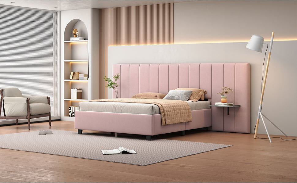 Queen Size Upholstered Platform Bed with Big Headboard, Bedroom Furniture, Velvet, Pink - Atlantic Fine Furniture Melbourne FL