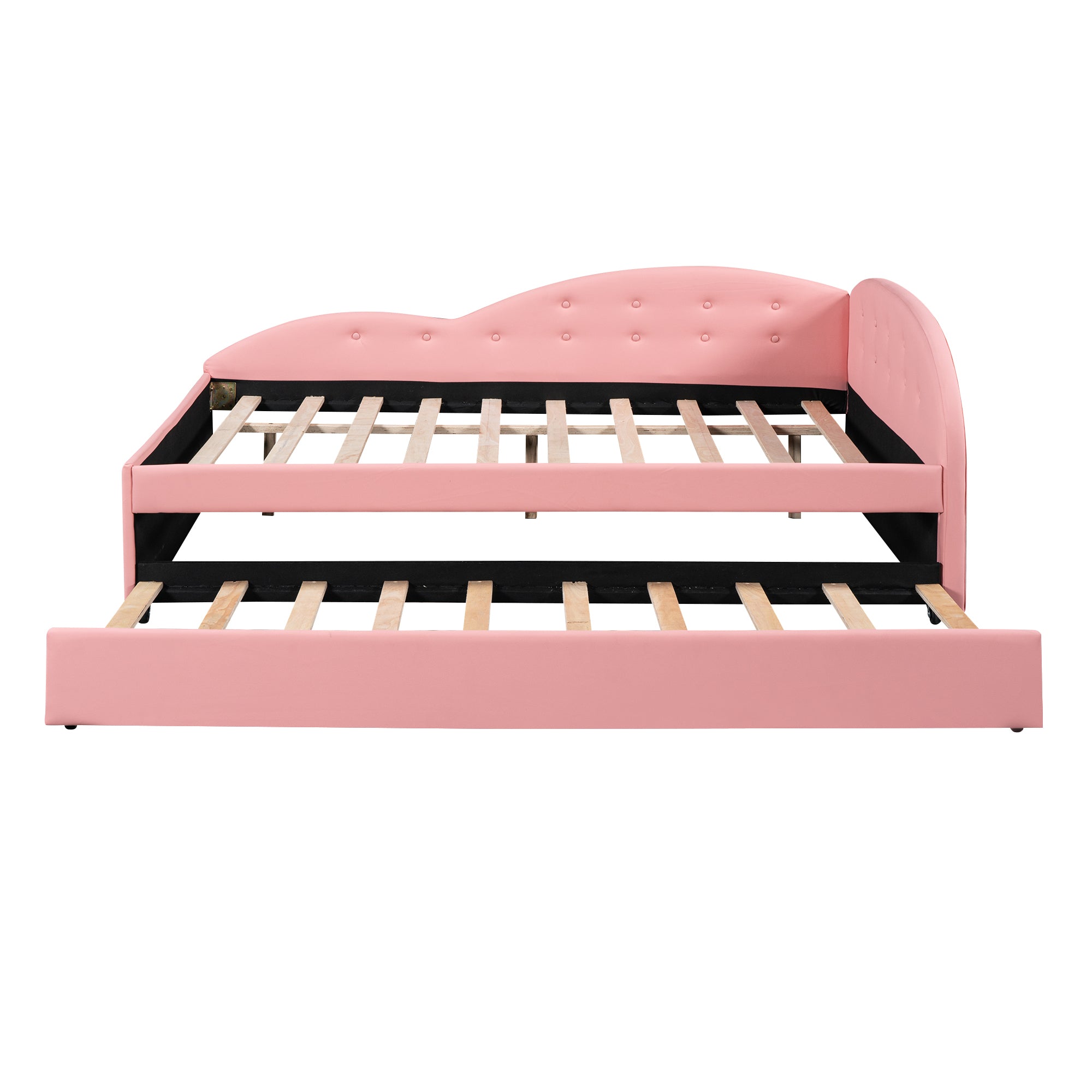 Full Size PU Upholstered Tufted Daybed with Trundle and Cloud Shaped Guardrail, Pink - Atlantic Fine Furniture Melbourne FL
