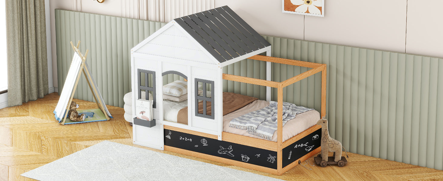 Twin Size House Shaped Canopy Bed with Black Roof and White Window,Blackboard and Little Shelf, White(Old SKU: WF294051AAK) - Atlantic Fine Furniture Melbourne FL