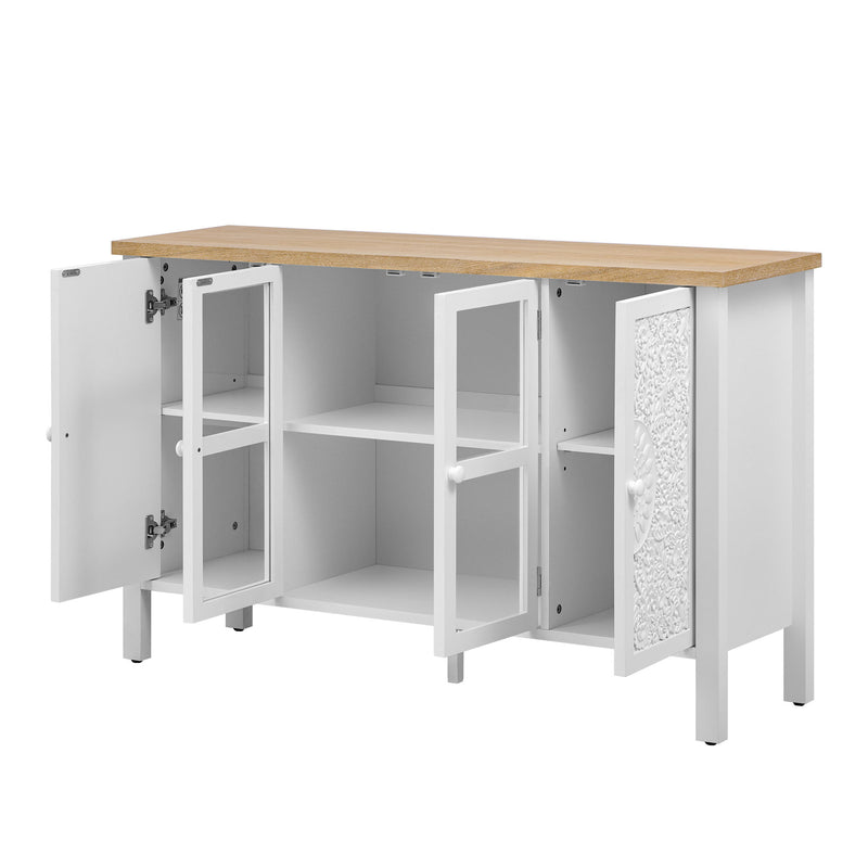 Retro TV Stand With 3 Spacious Cabinets, Glass Cabinet Doors And Anti-Tip Device