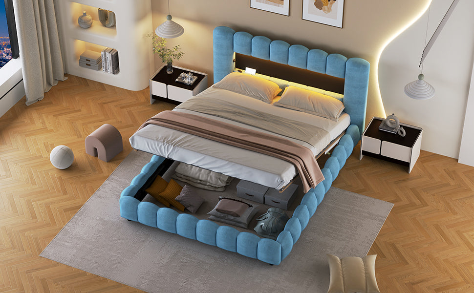 Queen Size Upholstered Platform Bed with LED Headboard and USB, Blue - Atlantic Fine Furniture Melbourne FL