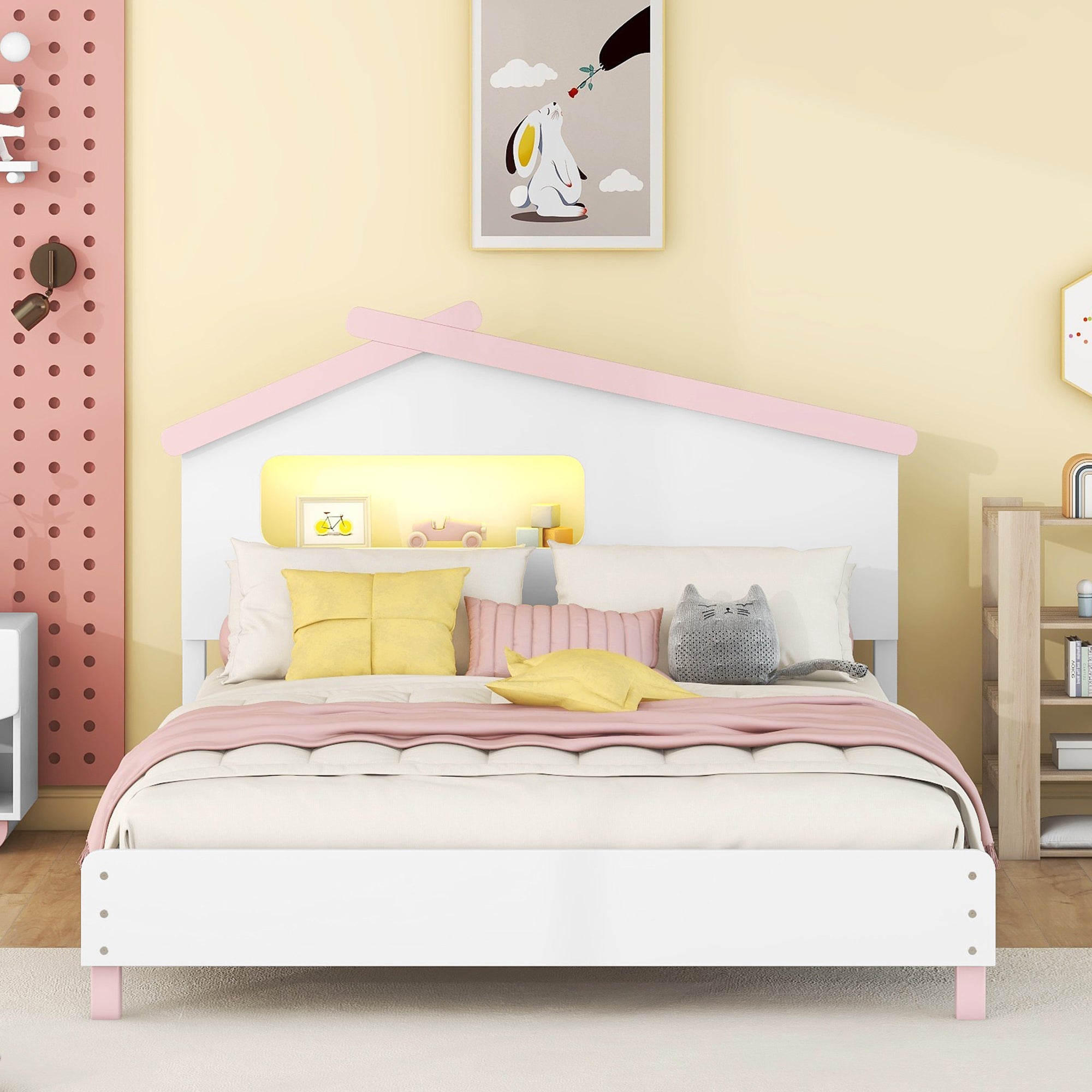 Full Size Wood Platform Bed with House-shaped Headboard and Motion Activated Night Lights (White+Pink) - Atlantic Fine Furniture Melbourne FL