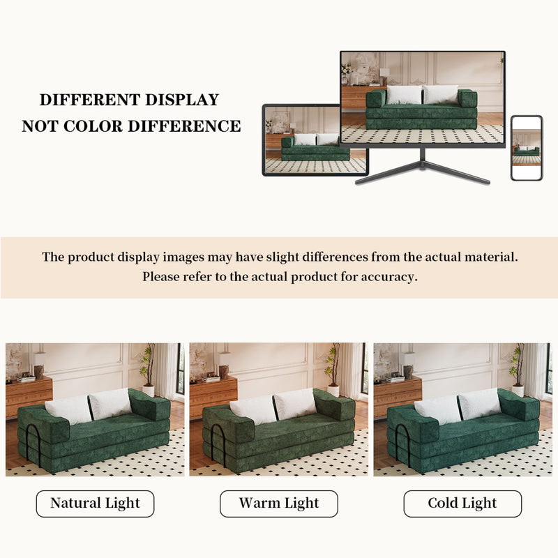 Convertible Couch Bed With 2 Pillows, 3 Seat Folding Floor Couch & King Size Bed Mattress, Diy Combination - Green