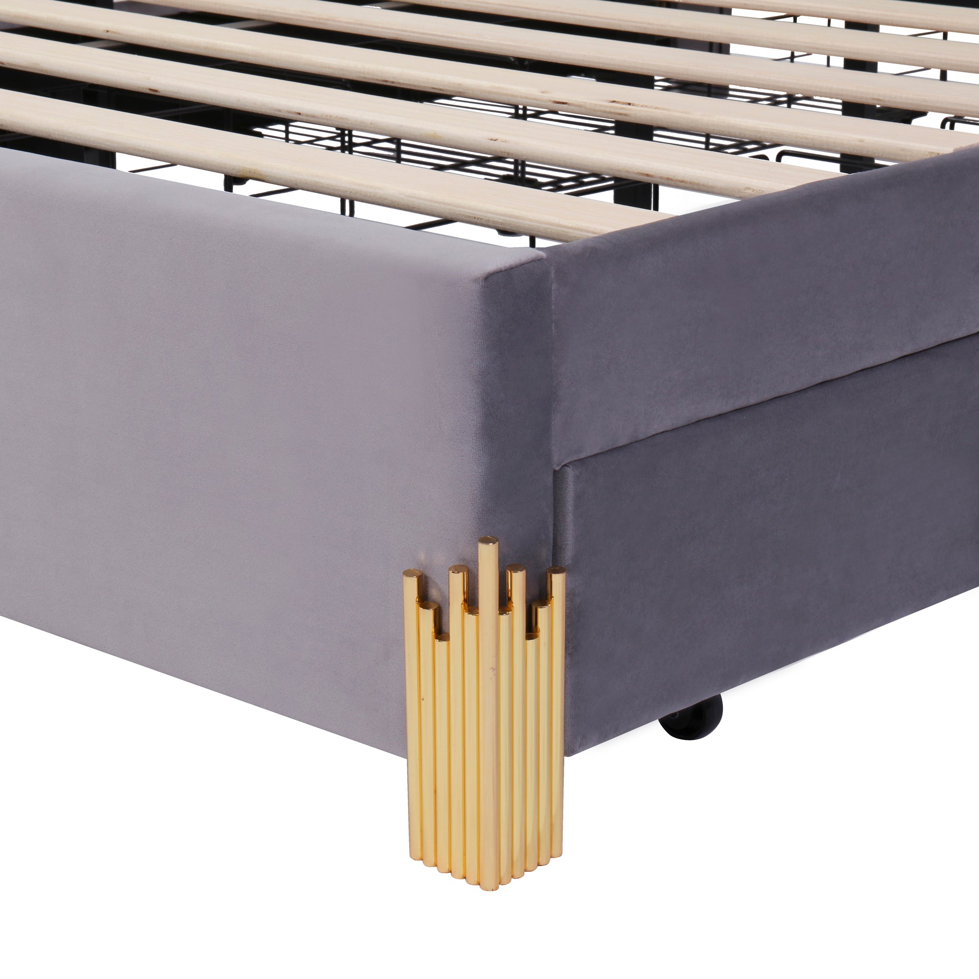 Full Size Upholstered Platform Bed with LED Lights and 4 Drawers, Stylish Irregular Metal Bed Legs Design, Gray - Atlantic Fine Furniture Melbourne FL